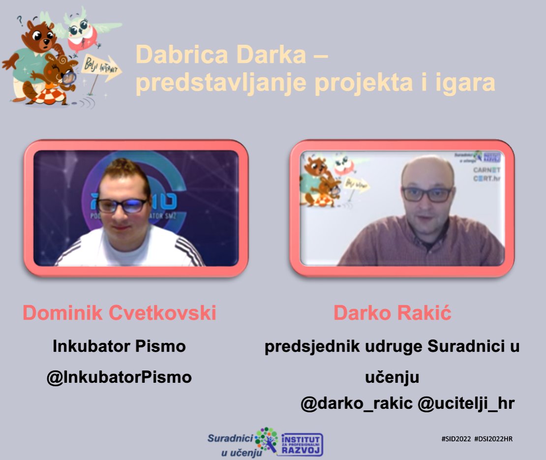 ucitelji_hr's tweet photo. Jeste li već odigrali igre s dabricom Darkom? Više o projektu i predstavljanju igara reći će nam Dominik Cvetskovski iz @InkubatorPismo
 i Darko Rakić iz @darko_rakic @ucitelji_hr  #DSI2022HR #SID2022 #UciteljiHR https://t.co/SX8l2aADkc