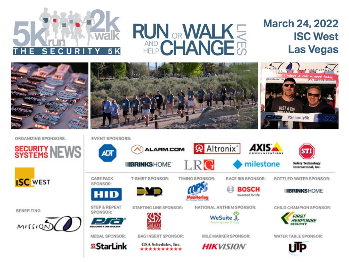 Mission_500's tweet image. Shout out to our awesome Security 5/2k sponsors! Thank you so much for your support! Visit: security5kreg.com to learn more! #ISCWest #Security5K #Mission500 @ISCEvents @SSN_Talks @LRGMarketing @ADT @HIDGlobal @AltronixCorp @AlarmDotCom @milestonesys @Axis_NA @brinks_home