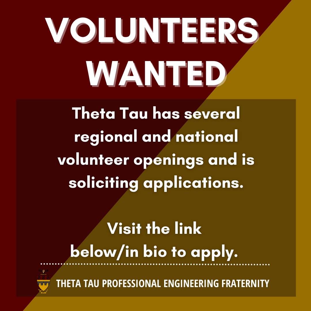 theta_tau's tweet photo. CALLING ALL ALUMNI!
Theta Tau is seeking volunteers for a number of open positions. Apply now at https://t.co/lGuruUlnOj https://t.co/PzHGxFnIhQ