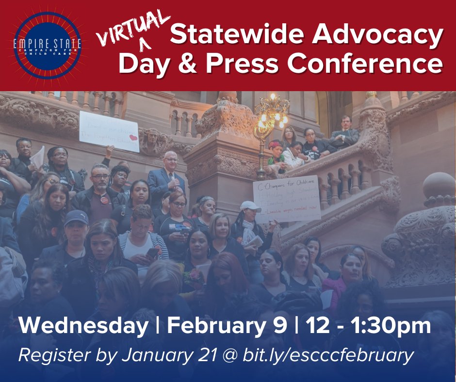 When we invest in child care, we create healthy families, safer communities, &amp; a strong New York. Follow along for <a href="/EmpireStateCCC/">Empire State Campaign for Child Care</a> -2/9 @ 12pm to tell NYS leaders and <a href="/GovKathyHochul/">Governor Kathy Hochul</a>: we need accessible #childcare for ALL New York children.