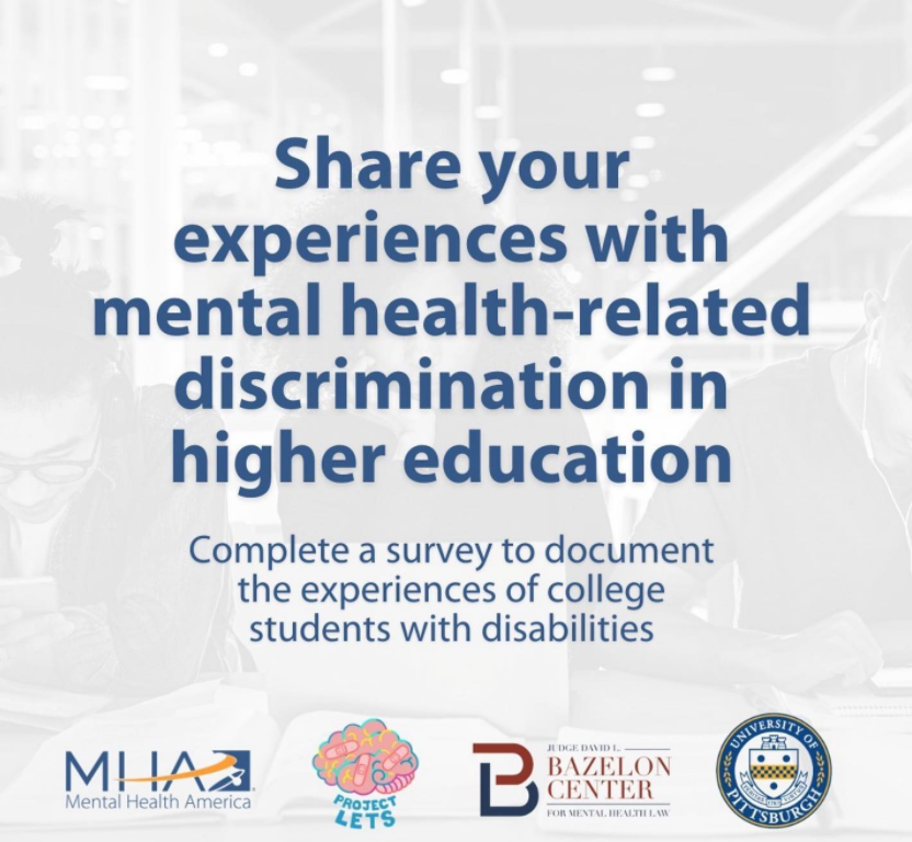 BazelonCenter's tweet photo. Have you experienced psychiatric disability-based discrimination or the denial of an accommodation in a postsecondary institution in the US? Interested in informing national advocacy focus on psychiatric disability rights in higher education?⠀ https://t.co/cjcghZc9hG