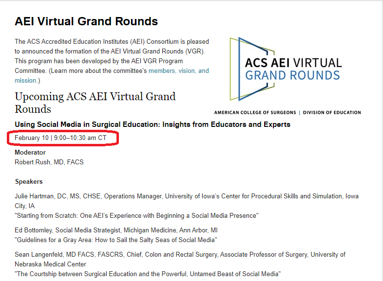 Are you interested in maximizing your surgery  training program's use of social media?? Join the upcoming upcoming Virtual Grand Grounds Series offered by The American College of Surgeons AEI Consortium. THIS Thursday at 10-1130 ET.
Register here: lnkd.in/eGc8mz6v