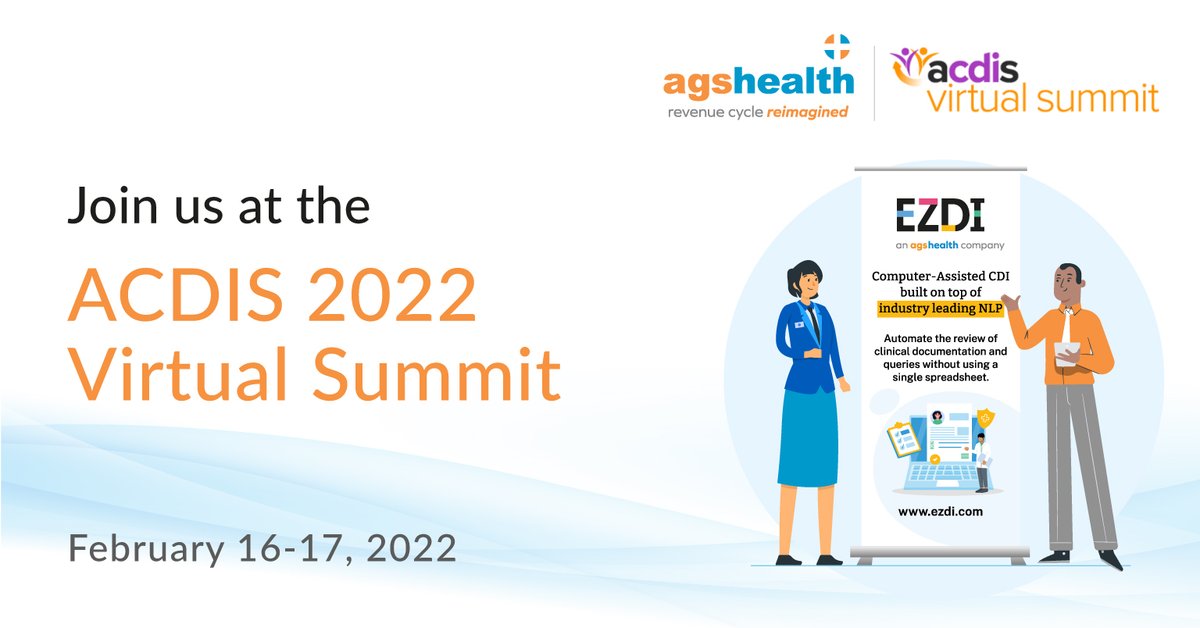 AGS_Health's tweet photo. We are excited to network with you at the 2022 #ACDIS Virtual Summit. Be sure to visit our booth to know more about our fully-integrated AI-based Clinical Documentation Integrity (CDI) solution. 

https://t.co/syVO1Ftpbt

#CDI #ClinicalDocumentation #RevenueCycle #ACDISVirtual https://t.co/nAdzYEF8UA