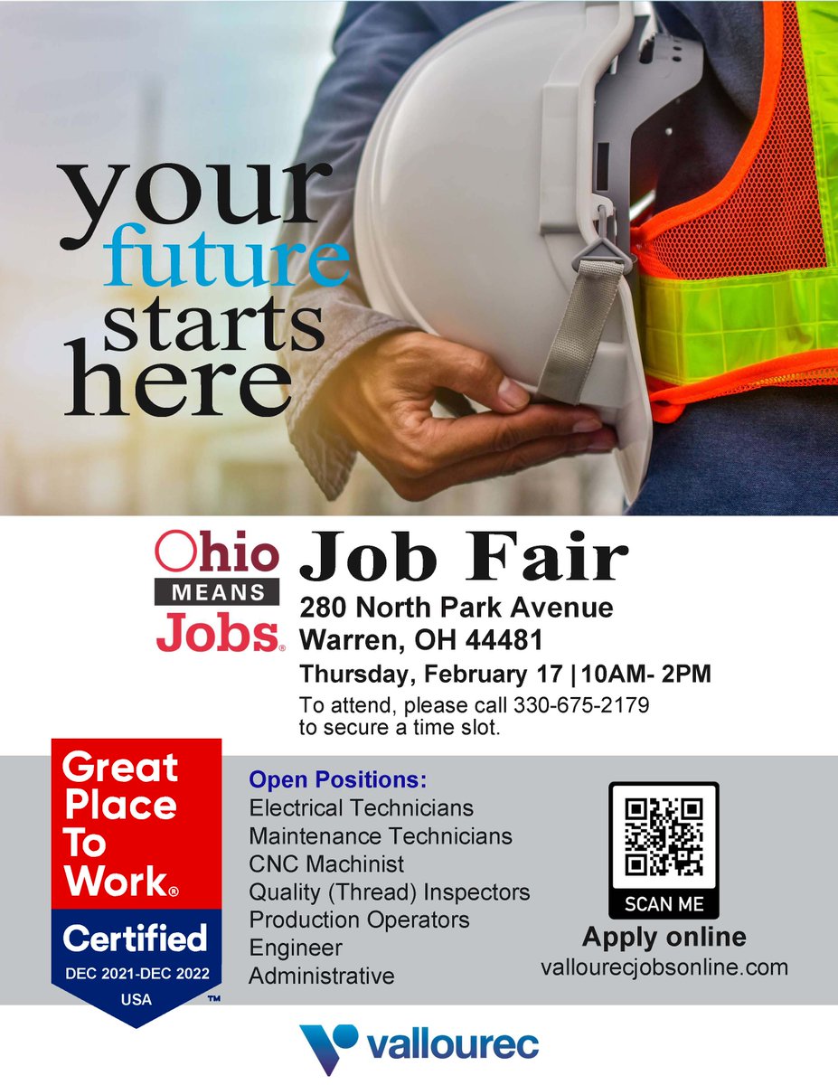 Our friends across the state line at OhioMeansJobs Trumbull County are hosting a Job Fair with Vallorec on Tuesday, February 17th from 10AM - 2PM. See the flyer for information on the open positions and call 330-675-2179 to secure your time slot!
