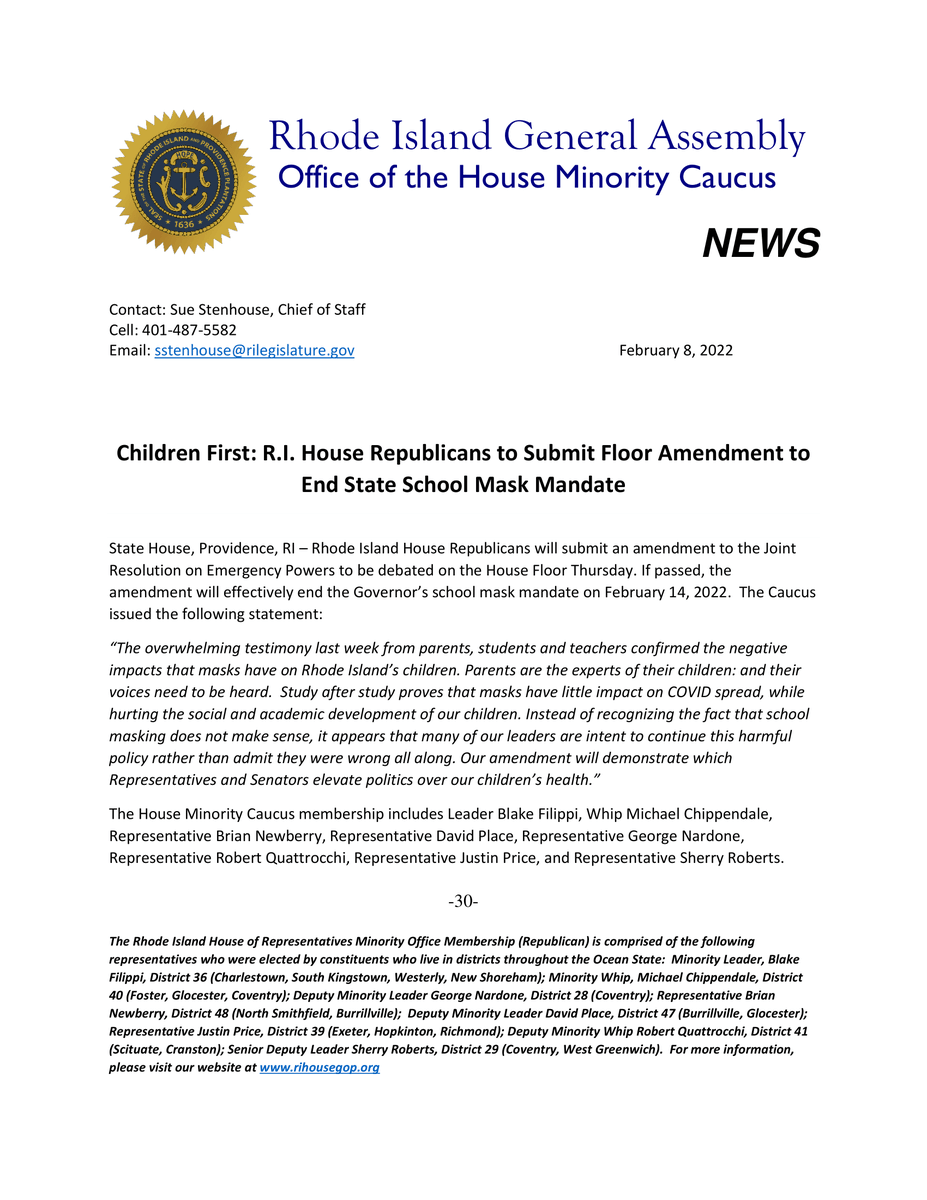 RIHouseGOP's tweet photo. Children First: RI House GOP to Submit Floor Amendment on Thursday to end State School Mask Mandate. If passed, the amendment will effectively end the Governor’s school mask mandate on February 14, 2022.  Please see Caucus statement below. https://t.co/aZPY5D6kAw