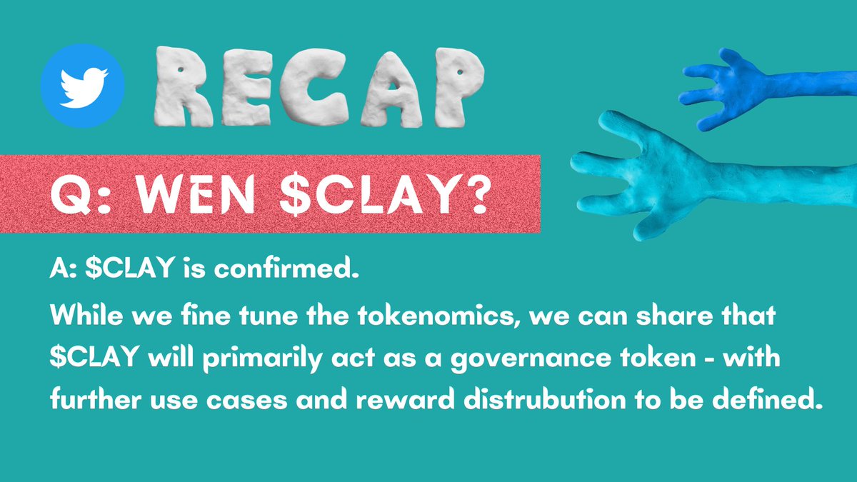 claymates's tweet photo. Did you miss our AMA yesterday? 🙋‍♀️ 

The full recording is available here: https://t.co/33Vwr6vnLf 

Q. Wen $CLAY ?
Timestamp: 20m 28s
Recap below 👇 

#ClayNation #CNFT https://t.co/8hIZFVS8Le