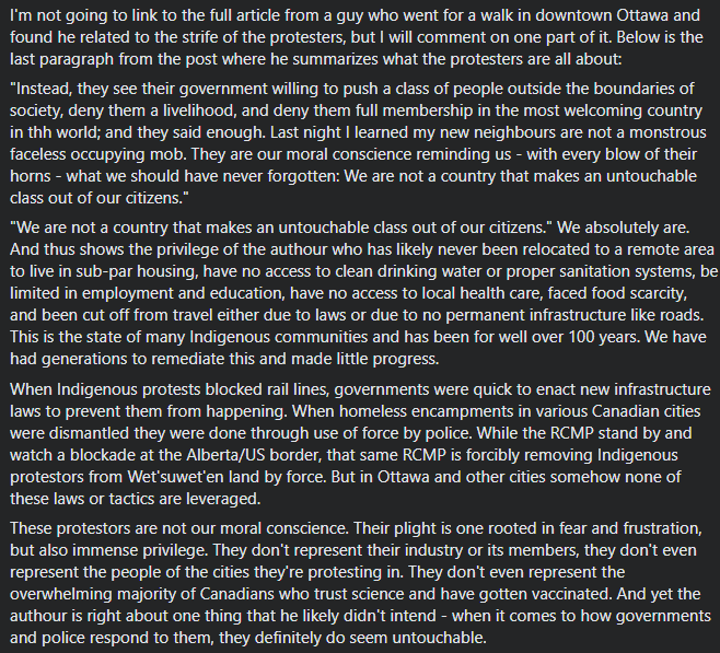 Had to deal with some thoughts on the current protests/convoys in Canada and the privilege shown in contrast to Indigenous issues, wrote a thing.