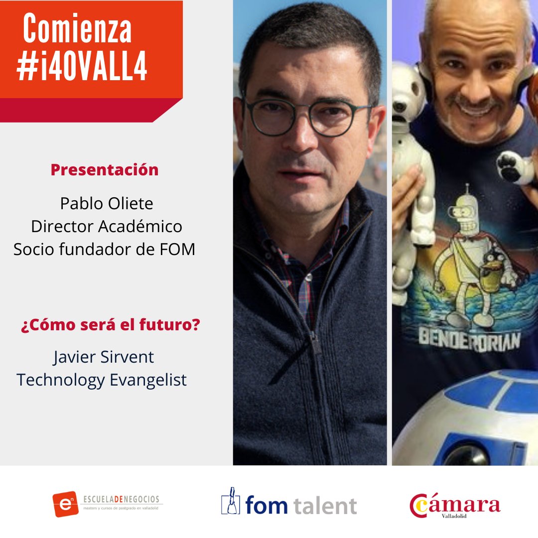 📢Comienza la 4ª edición del Máster Industria 4.0 Valladolid, #i40VALL4 ‼️ 
✔️11/2: Presentación del Programa con <a href="/pablooliete/">Pablo Oliete</a>, director Académico y socio fundador de FOM
✔️12/3: ¿Cómo será el futuro? con <a href="/JavierSirvent/">Javier Sirvent</a>, Technology Evangelist
Formato híbrido en <a href="/eden_valladolid/">Escuela de Negocios</a>