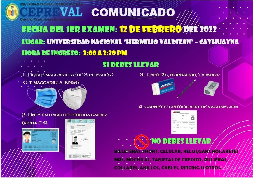 unheval_pe's tweet photo. #UNHEVAL-#Huánuco
#universidad-#licenciada
𝔸𝕋𝔼ℕℂ𝕀Óℕ ℂ𝔼ℙℝ𝔼𝕍𝔸𝕃𝕀ℕ𝕆𝕊
Recordarles:
📌1º examen sábado 12 de febrero.
📌Ingreso a partir de 2:00 a 3:30 p.m.
📌 Portar DNI, lapiz 2B, borrador, tajador, 2 mascarillas y carnet o certificado de vacuna contra la Covid 19. https://t.co/nY2a5nZMoN