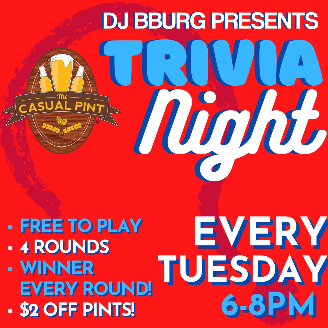Tonight is trivia night <a href="/cprivergate/">Casual Pint Rivergate</a> ! Four rounds of brand spankin' new questions comin' at ya! Don't forget that pints are $2 off! See you at 6pm!