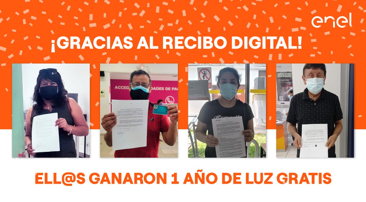 PluzPeru's tweet photo. 📣 Así como ell@s 👇 tú también participa en los próximos sorteos por 12 meses de luz gratis, afiliándote al #ReciboDigital🧾. Puedes hacerlo a través de:

🔘 App Enel Clientes Perú 📱
🔘 Web💻 https://t.co/qGOoy2aku0 
🔘 Centros de Servicio https://t.co/zqnbGcjV96