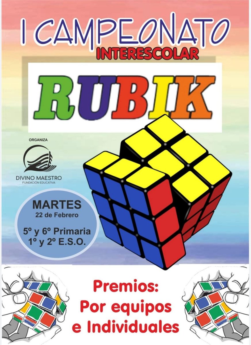 divinomaestrobz's tweet photo. Aún estáis a tiempo de participar en el I CAMPEONATO INTERESCOLAR de Rubik.

Será el próximo 22 de febrero, para 5°y 6° de primaria y para 1° y 2°de la ESO.
@PresentacionBZ @iesalcrebite @ies_pedro @IesMora @CeipBaza https://t.co/T72ua58xP8
