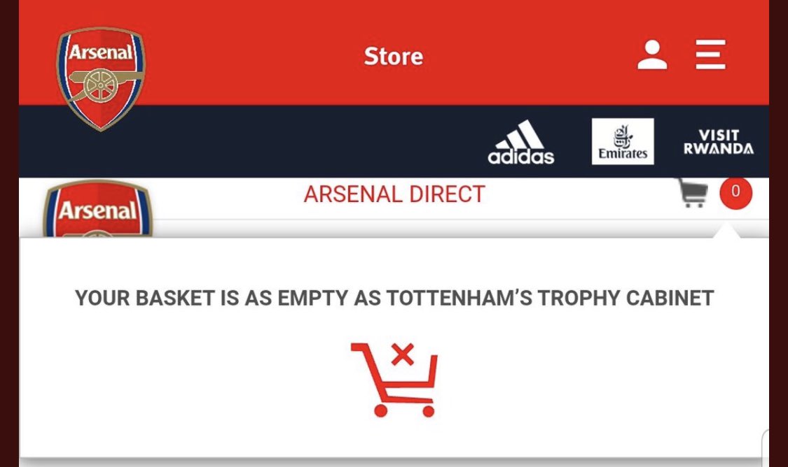 ActuFoot_'s tweet image. « Ton panier est aussi vide que l'armoire à trophées de Tottenham »

Le message sur la boutique en ligne d'Arsenal. 😭