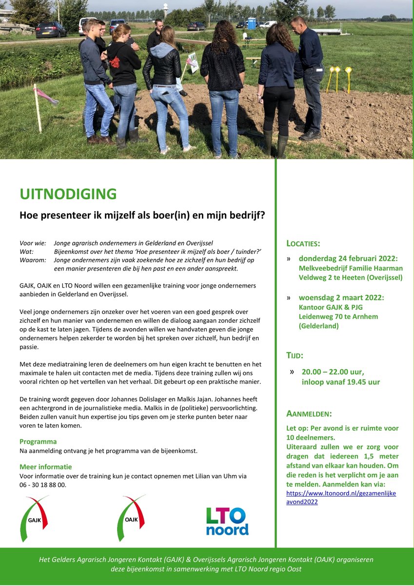Wil jij leren hoe je jezelf en jouw agrarische onderneming het beste kan presenteren? 
Kom dan op 2-3 naar de #mediatraining die wij organiseren samen met <a href="/OAJKbestuur/">OAJK (Overijssels Agrarisch Jongeren Kontakt)</a> &amp; <a href="/LTONoord/">LTO Noord</a> 
Aanmelden kan via: ltonoord.nl/gezamenlijkeav…
Tot dan!👊
#jongeboeren #presenteren #training #media