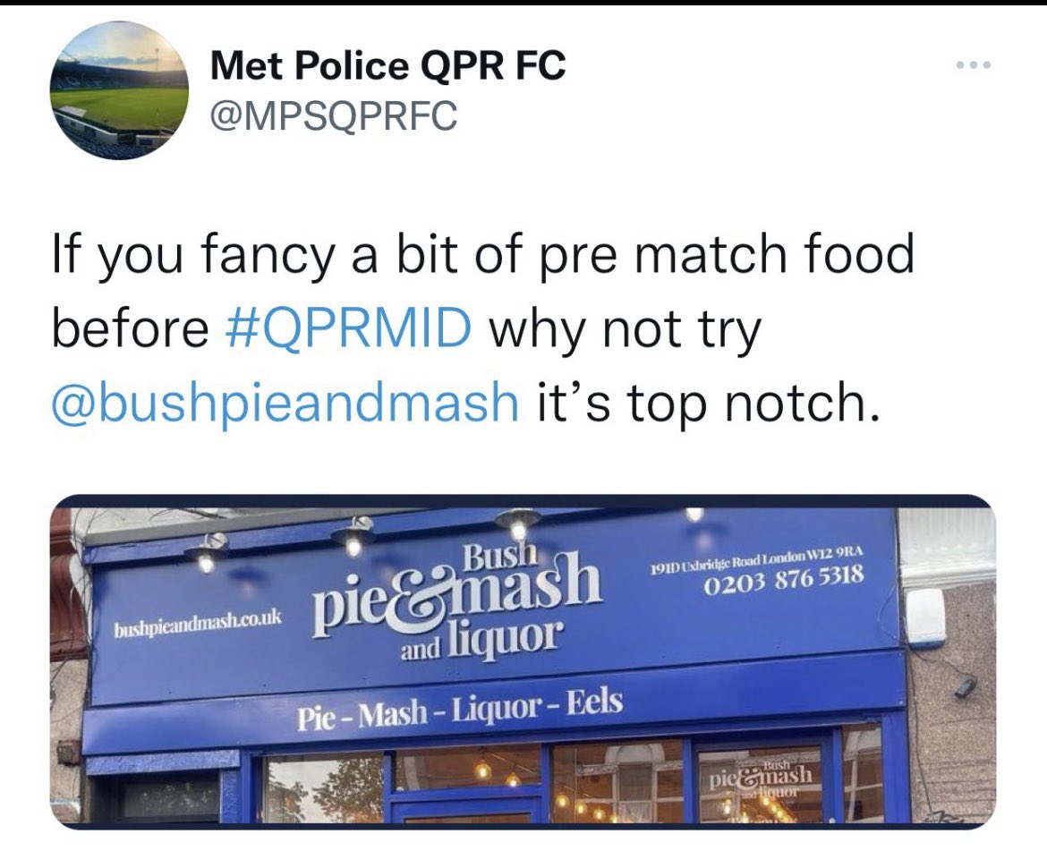 Our wonderful <a href="/MPSQPRFC/">Met Police QPR FC</a> enjoying a bit of our famous #pieandmash Keep safe guys