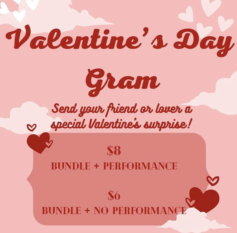 say “I love you” with a song! 

$8 package includes:
flower
chocolates
valentines message
song

song options: 
I’ll be there for you (friends theme)
La Vie En Rose by Louis Armstrong
Can’t help falling in love by elvis
Love is an open door from frozen
