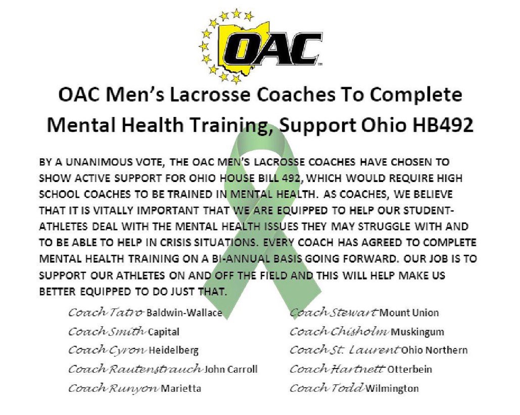 The mental health and well-being of our players is paramount. We wholeheartedly support OH SB 492, which mandates high school coaches be trained in Mental Health. In solidarity, the <a href="/OHAthleticConf/">Ohio Athletic Conference</a> Men’s Lacrosse coaches have unanimously agreed to be trained ourselves. <a href="/trip14lax/">Matt Triplet</a>