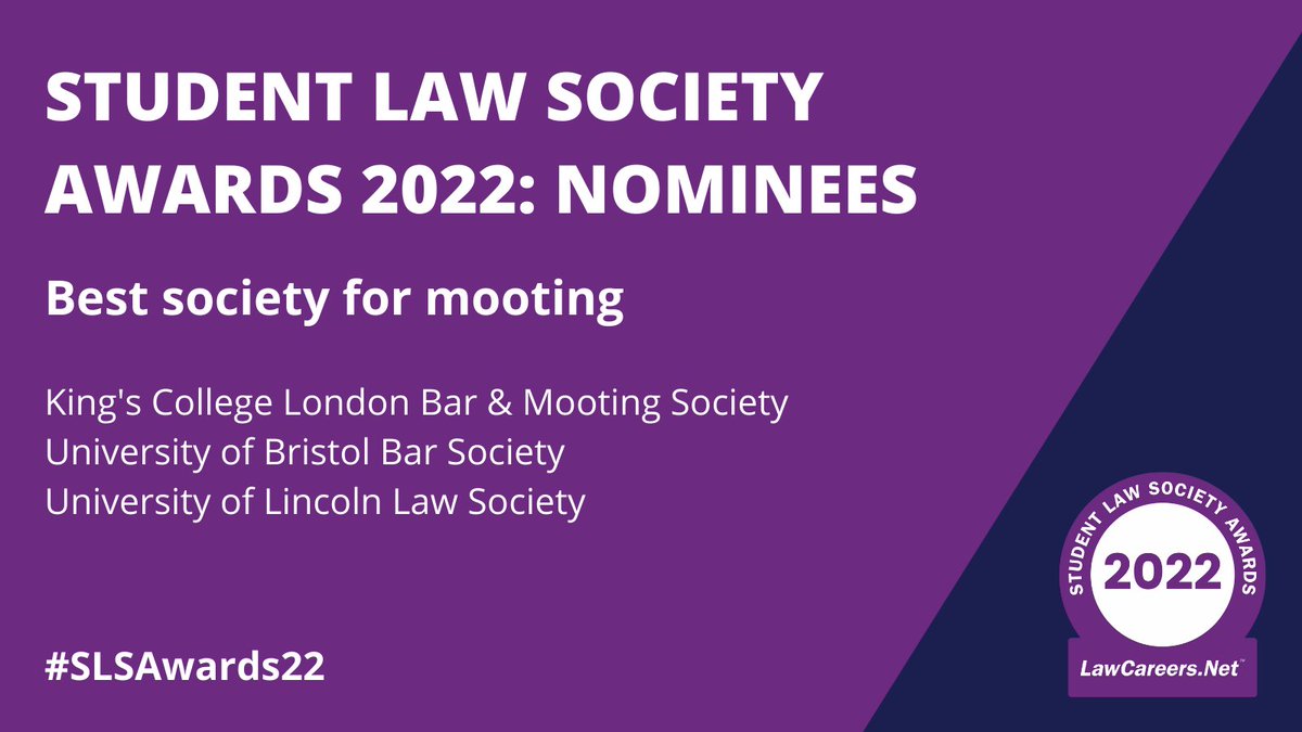 The nominees for 'Best society for mooting' are:
⭐ <a href="/kclbms/">KCLBMS</a> 
⭐ <a href="/BristolBarSoc/">Bristol Bar Society</a> 
⭐ <a href="/LincolnLawSoc/">Uni Lincoln Law Soc</a> 

#SLSAwards22