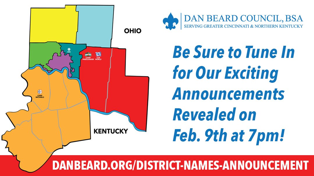 DanBeardCouncil's tweet photo. During Scout Anniversary week on Feb. 9 at 7pm, we are excited to share the virtual announcement of our brand NEW District Names &amp; a few other special surprises including a NEW Council Shoulder Patch (CSP)! Visit https://t.co/NW6GGFcF4J #danbeardcouncil #scoutshare https://t.co/unX3tt8PeE