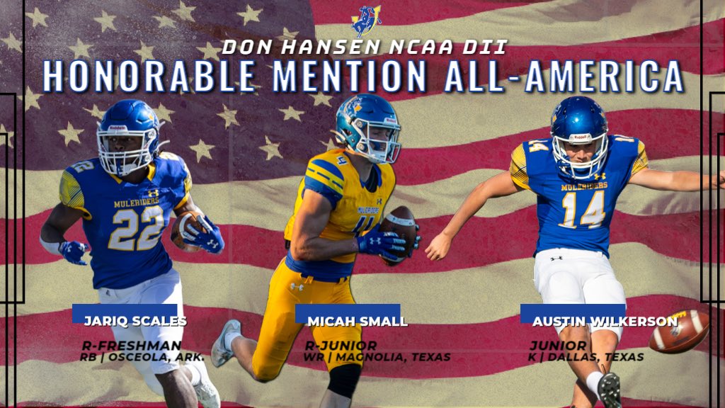 🇺🇸💪🏈 A big CONGRATS to Jariq Scales, Micah Small and Austin Wilkerson on being named Honorable Mention All-America by the Don Hansen Football Committee‼️😎😤 #GoMuleriders #RideAsOne #MNM
