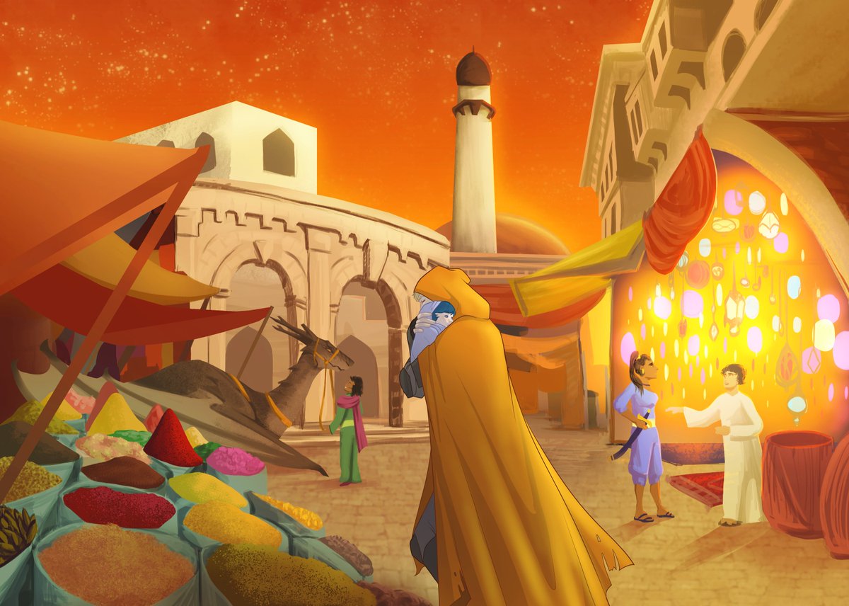 celestielf's tweet photo. After setting Garreg Mach on fire, Jeralt fled far away beyond borders into hiding where he would raise Byleth until they were of fighting age.  A bustling Almyran marketplace seems like a fitting scene for this stranger in a strange land. For @RainbowEmblem https://t.co/W6gBRkOjw7