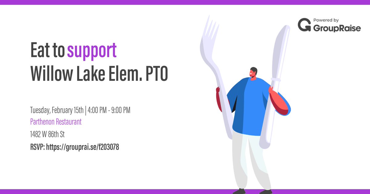 On Tuesday, 2/15 dine in, take out or order 🇬🇷 Greek food delivery from The Parthenon Restaurant at 1482 W. 86th Street. Just let them know when ordering that you're dining for <a href="/WillowLakeElem/">Willow Lake Elementary</a>  &amp; a portion of their sales will be donated back to our school.
