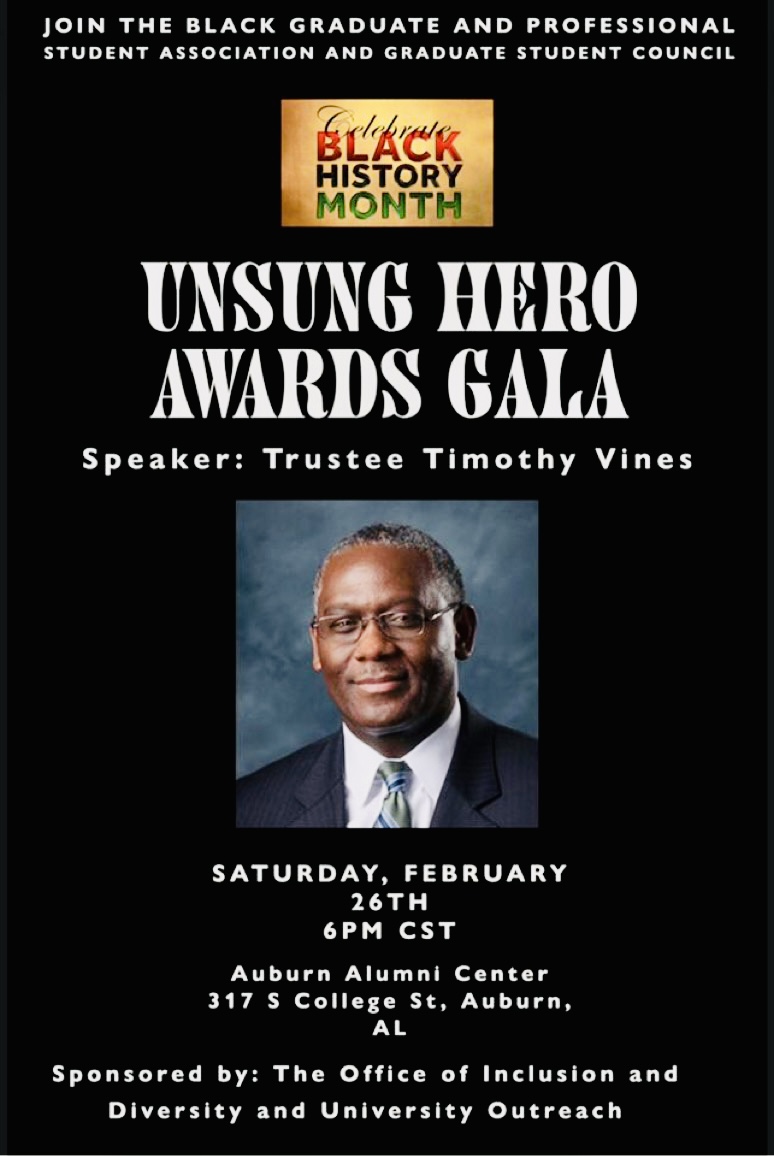 AuBGPSA's tweet photo. Join us on February 26 for our 4th Annual Unsung Hero Awards Gala! We look forward to honoring students, staff, and faculty who have made a tremendous impact on the campus of Auburn University. Purchase tickets before they're sold out, online only. https://t.co/gk8TDIHdo5 https://t.co/tAgThdh4zJ