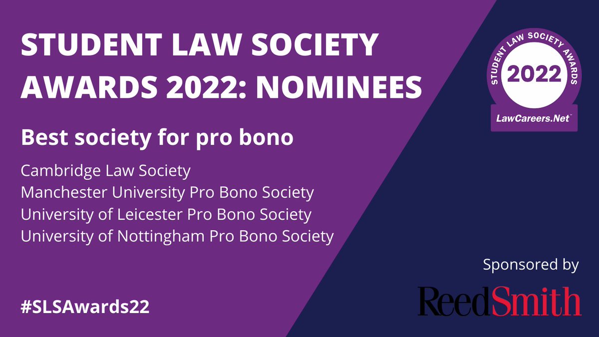 LawCareersNetUK's tweet photo. We're over halfway there! Now we have the nominees for 'Best society for pro bono' sponsored by @reedsmithllp:
⭐ @camlawsoc 
⭐ @uomlawprobono 
⭐ @UoLProBono 
⭐ @UoNProBono 

#SLSAwards22 https://t.co/OVdPfdCBwA