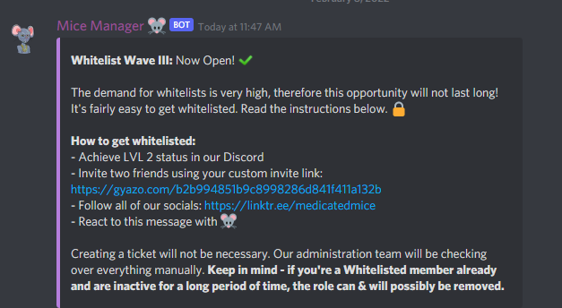 MedicatedMice's tweet photo. Whitelist Wave III: Now Open! ✅

The demand for whitelists is very high, therefore this opportunity will not last long! It's fairly easy to get whitelisted.

Join: https://t.co/XTFiV3bFFD

#NFTs #NFTCommunity #NFTGiveaway #NFTDrop #Cryptoart #NFTCollection #NFTArt #Metaverse https://t.co/6m8sEQajft