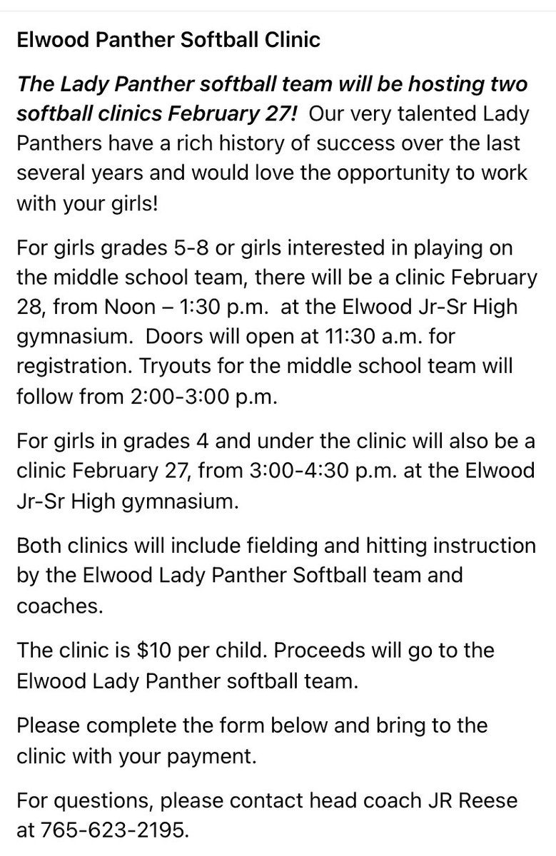 Lady Panther softball clinic will be held February 27.  Please see the details below. ❤️🥎💙
