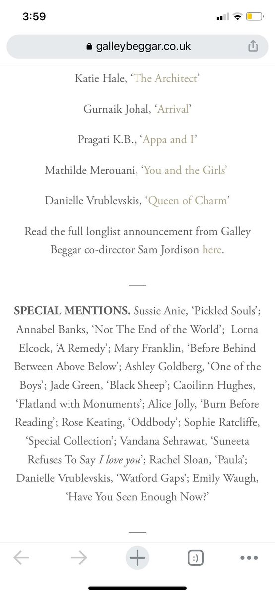 Am a wee bit late but so so pleased to receive a special mention in the <a href="/GalleyBeggars/">Galley Beggar Press</a> Short Story Prize (and to be in great company with the lovely <a href="/maryfranklin07/">Mary Franklin</a> also💛)