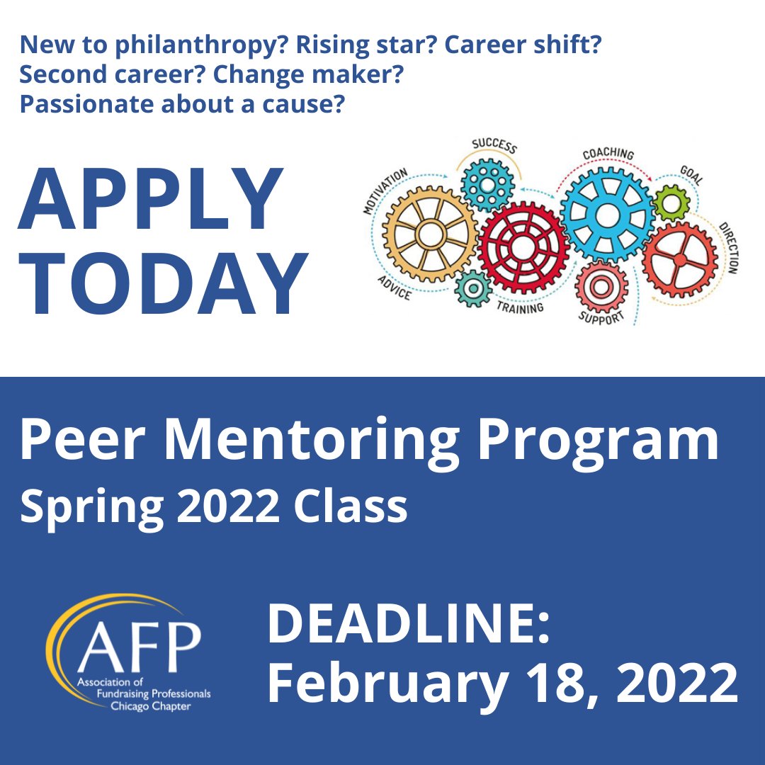 afpchicago's tweet photo. The application deadline for our "Peer Mentoring Program, Spring 2022 Class" is Friday, February 18th! Participation in the #PeerMentoring Program is one of our greatest membership benefits. Apply today: https://t.co/0AAvpNSvGC

#AFPChicago #ChicagoFundraising #Philanthropy https://t.co/T70tNfuCtZ