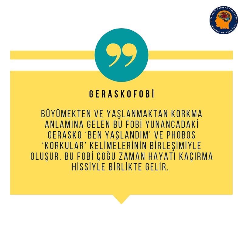 akdenizpdt's tweet photo. Merhabalar Akdeniz PDT ailesi, bugün sizler için “ Geraskofobi ” adlı bir gönderi hazırladık. Keyifli okumalar dileriz.🥳🥳
#fobiler #geraskofobi https://t.co/U2rBguobE9