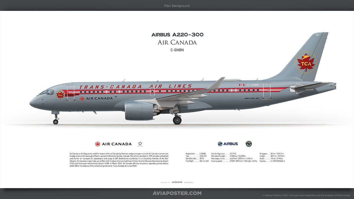 Airbus A220-300 Air Canada C-GNBN
Painted: Trans-Canada Air Lines (TCA)
Poster for Aviators.
aviaposter.com
#aviation #avgeek #avgeeks #aircraft #AirCanada #TransCanadaAirLines #retrolivery #retrojet #AirbusA220 #AirbusA220300 #A220300 #CSeries #cs300 #proaviation