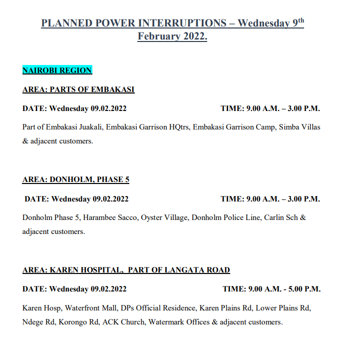 KenyaPower_Care's tweet photo. Good evening to our esteemed customers. Kindly see the attached planned power interruptions for tomorrow, Wednesday 9th February, 2022. ^LN https://t.co/wyB0O92suR