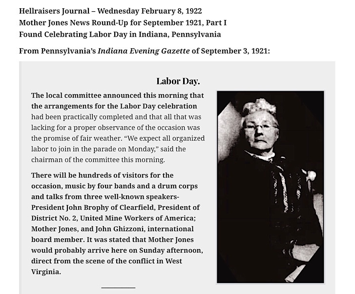 LaborMartyrs's tweet photo. #Solidarity #MotherMaryHarrisJones #HellraisersJournal
Whereabouts and Doings of Mother Jones for September 1921, Part I: Found Celebrating Labor Day in Indiana, Pennsylvania https://t.co/LFo2CYYIUJ https://t.co/vneJ9AwInu