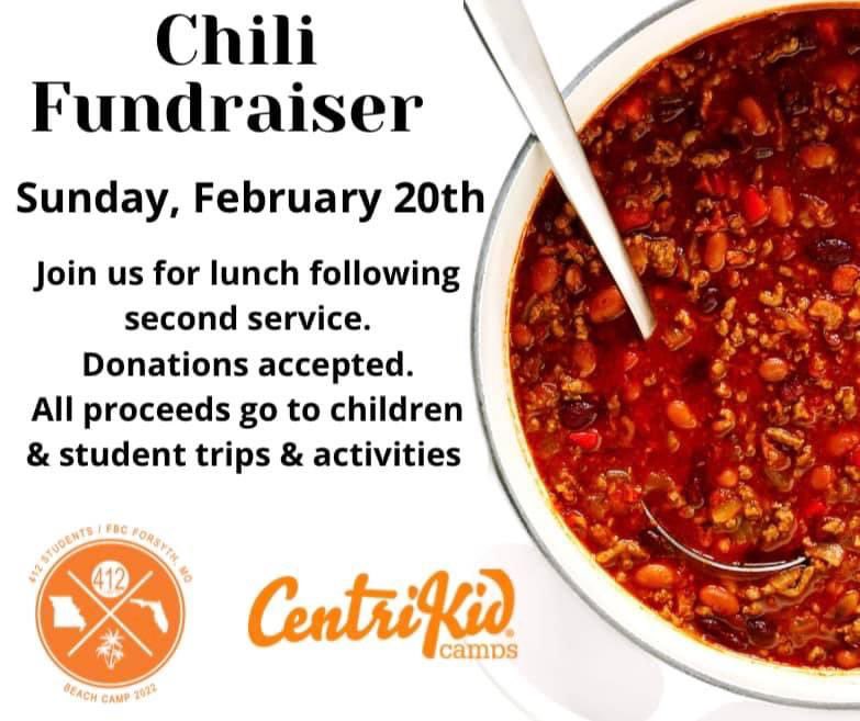 412FBCStudents's tweet photo. Join us for our annual chili lunch fundraiser Sunday, February 20th, following second service! All donations go to our student and Children’s ministry summer activities! https://t.co/I3EvSEj3xE