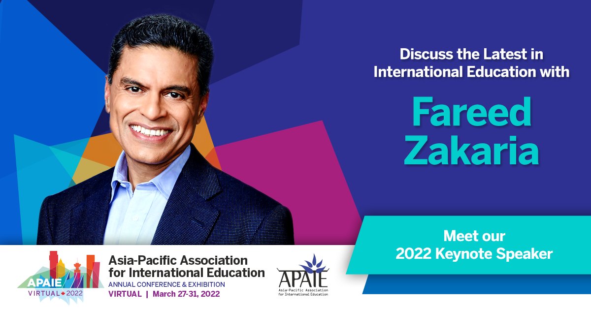 apaie2022's tweet photo. Have you met our opening keynote speaker @FareedZakaria? 
Fareed, the host of Fareed Zakaria GPS for CNN worldwide, will be discussing sustainable development and multiculturalism in the international education future. 
#APAIE2022 #APAIE #intled #highered https://t.co/7aywsdCOtb https://t.co/lV0TqYNbbs