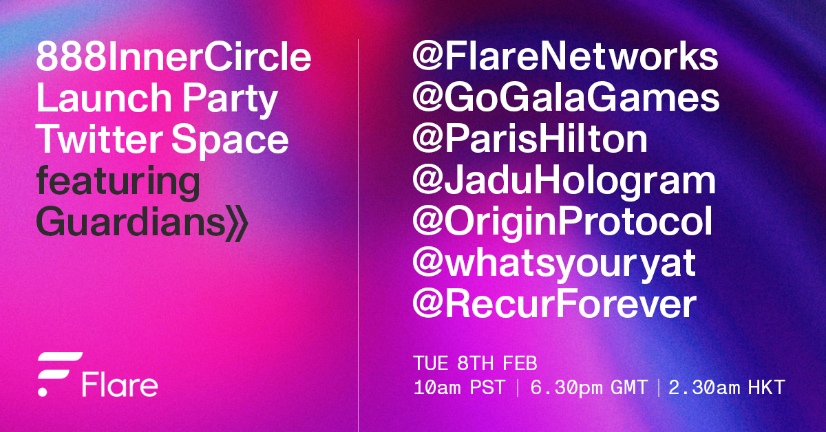 FlareNetworks's tweet photo. Celebrate good times, come on!💃

Grab a🍺&amp; tune in @crypto888crypto Launch party space at 10:00 PST &amp; let's welcome all the new members of @888InnerCircle together with its guardians @HugoPhilion @ParisHilton @GoGalaGames @OriginProtocol @RecurForever @whatsyouryat @JaduHologram https://t.co/d0E4luMRXH