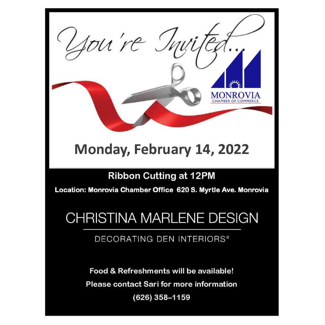 Ribbon Cutting Event for Christina Marlene Design- Decorating Den Interiors 🎉
Stop by our Chamber Office February 14th at 12PM to be part of the celebration!
Check-out our latest events 📩conta.cc/3ovHuli &amp; sign-up for our newsletter by visiting monroviacc.com!