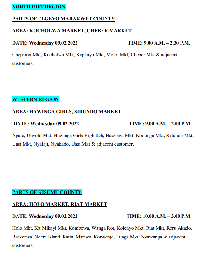 KenyaPower_Care's tweet photo. Good evening to our esteemed customers. Kindly see the attached planned power interruptions for tomorrow, Wednesday 9th February, 2022. ^LN https://t.co/wyB0O92suR