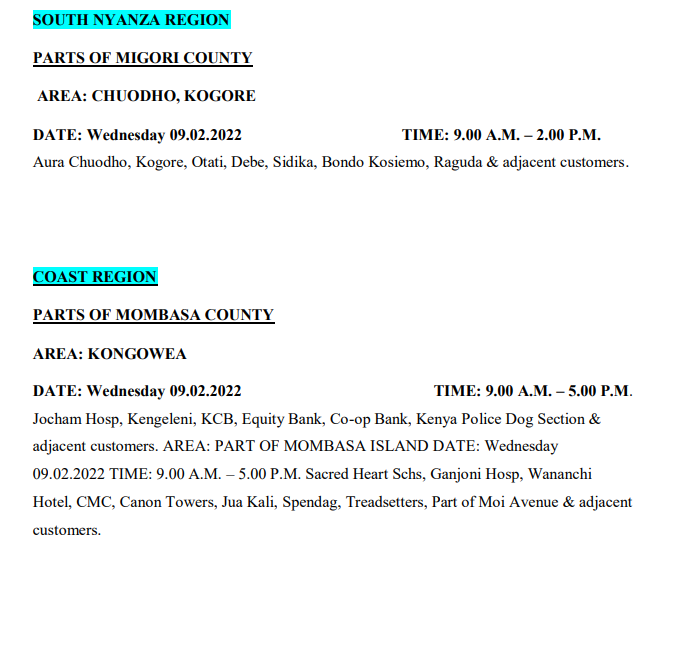 KenyaPower_Care's tweet photo. Good evening to our esteemed customers. Kindly see the attached planned power interruptions for tomorrow, Wednesday 9th February, 2022. ^LN https://t.co/wyB0O92suR