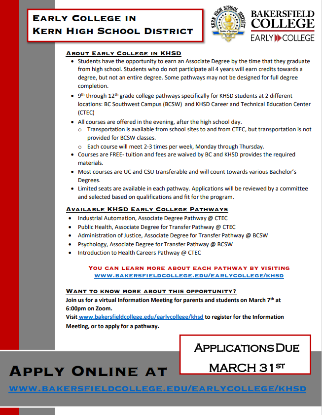 KHSD_Official's tweet photo. KHSD students have the opportunity to earn an Associate Degree by the time they graduate from high school through the Early College program @BAKcollege Applications are being accepted now https://t.co/r23x7lUBcc https://t.co/2fXHWQrphP