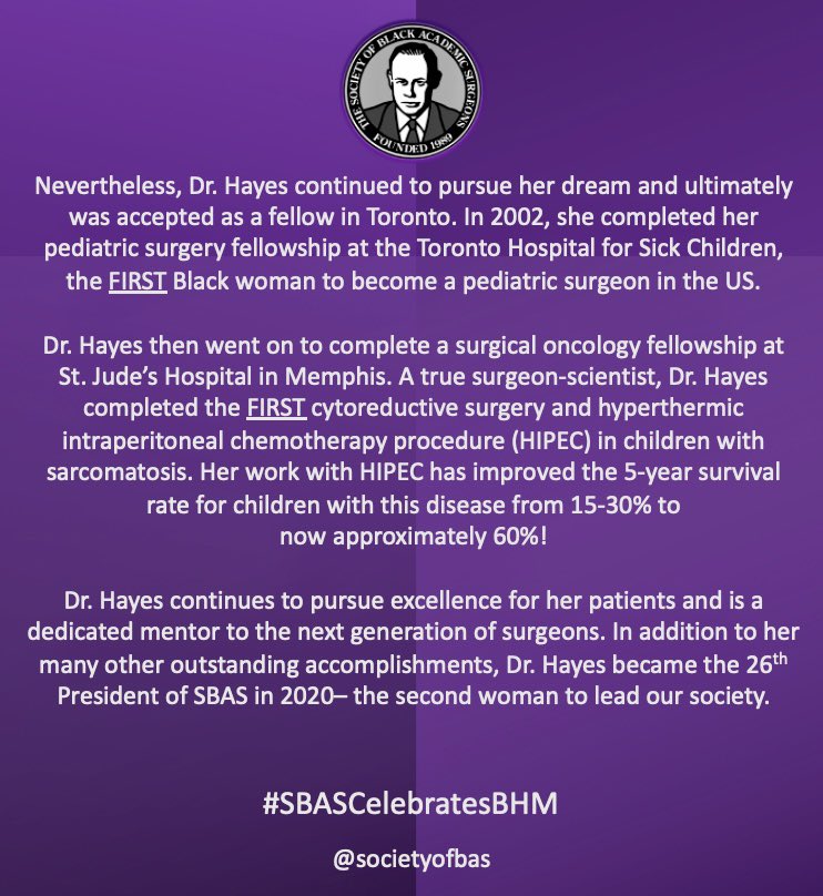 SocietyofBAS's tweet image. Our #BHM #TripleFeature continues with Pediatric Surgery PIONEER, Dr. Andrea Hayes! Dr. Hayes is the current Chair of Surgery at Howard University! Your EXTRAORDINARY accomplishments &amp;amp; faith INSPIRE us! #BecauseofYou, We BELIEVE! ✨

#SBASCelebratesBHM #BlackGirlsDoSurgery ✊🏾✨💜