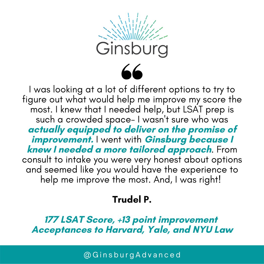 GinsburgAdvance's tweet image. Our commitment to providing a unique, learner-centered, results-driven curriculum  is our top priority. Our students have an incredible industry-high  average +13 score improvement. Come join us and become our next LSAT Boss!

#testbetter #studywell #thisisGAT #LSATBoss