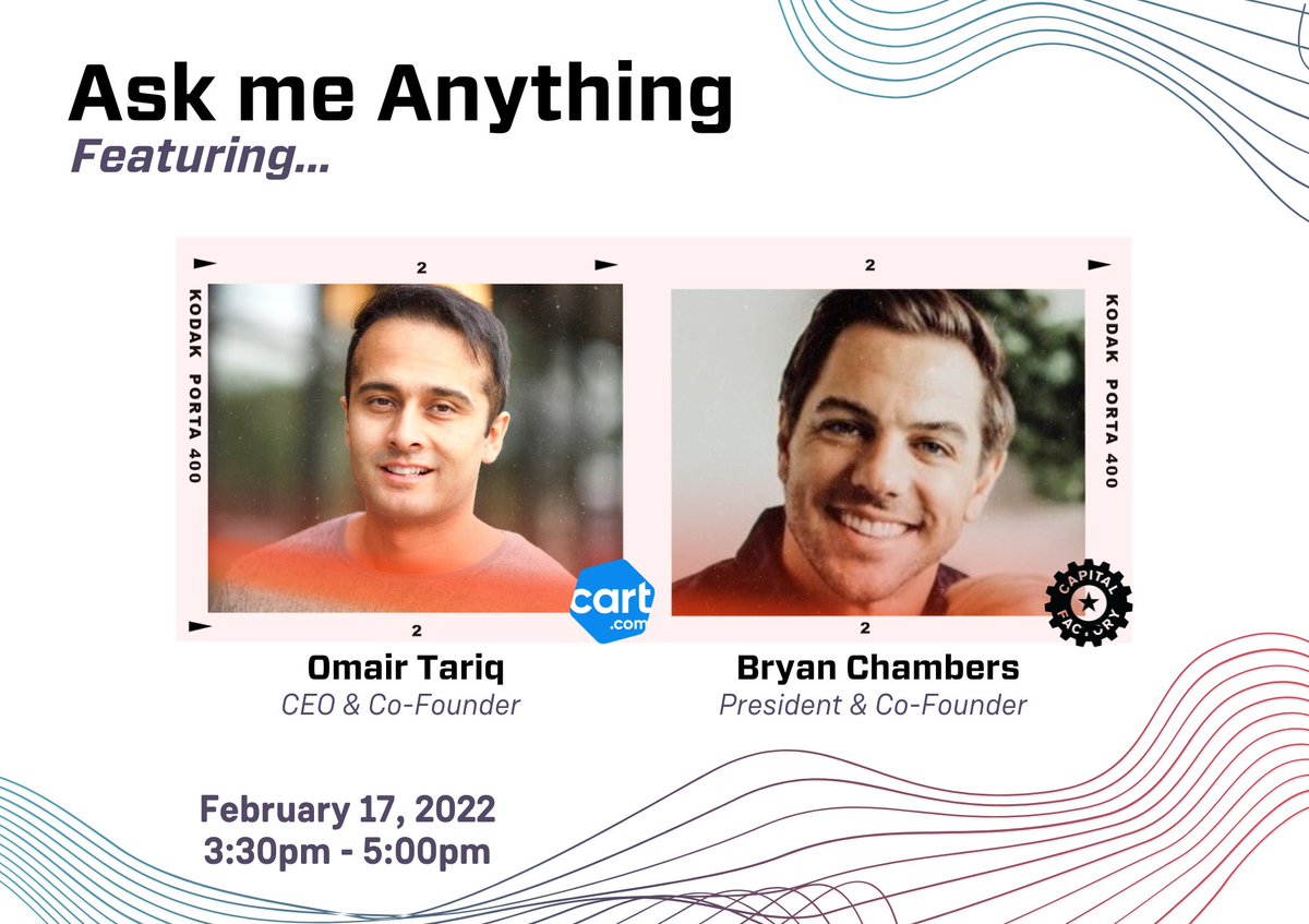 Join us a week from Thursday on 2/17 for our FIRST Ask Me Anything of 2022‼️

⭐Featuring @OmairTariq11 from <a href="/cartdotcom/">Cart.com 🛒</a> and our very own <a href="/BryanDChambers/">Bryan Chambers</a>

Bring your questions and tune in at hubs.ly/Q013KP0g0 💻 

❔ #cfaskmeanything 🦄 #unicorn 💰 #startup