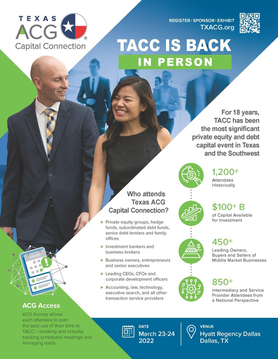 𝗥𝗘𝗚𝗜𝗦𝗧𝗘𝗥 𝗧𝗢𝗗𝗔𝗬! Don't miss out on one of the biggest M &amp; A events of 2022- 18th Annual ACG Texas Capital Connection. Meet and hear from top leading professionals in the industry.

Click here for more information: lnkd.in/e6kdshvH

#TACC2022 #ACG #Dallas