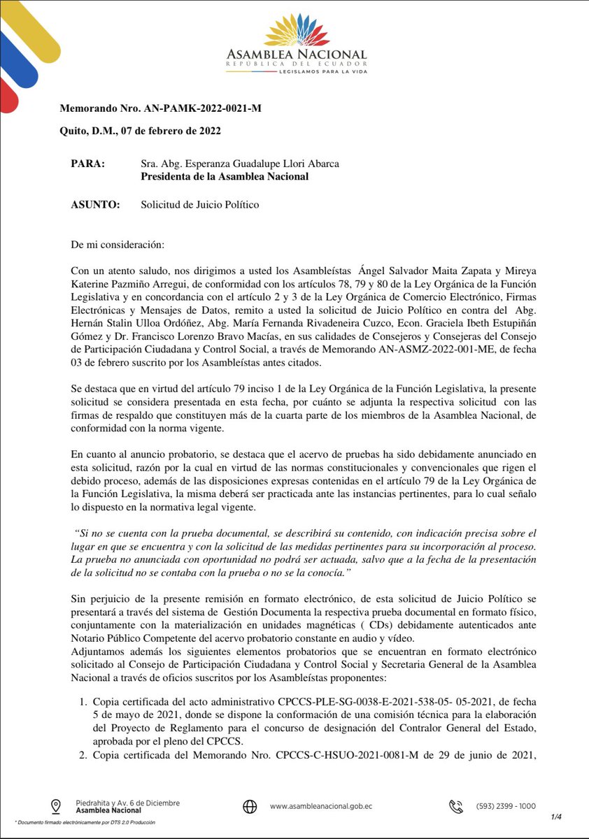 mireyapazminoa's tweet photo. Junto a @Salvadormz y con 72 firmas, presentamos la solicitud de juicio político a 4 miembros del @CpccsEc En redes sociales circulan audios de conversaciones entre una Consejera y una postulante donde manifiesta su respaldo. Esto es anti ético y vergonzoso. BASTA DE CORRUPCIÓN! https://t.co/Gz1QXGRyPd