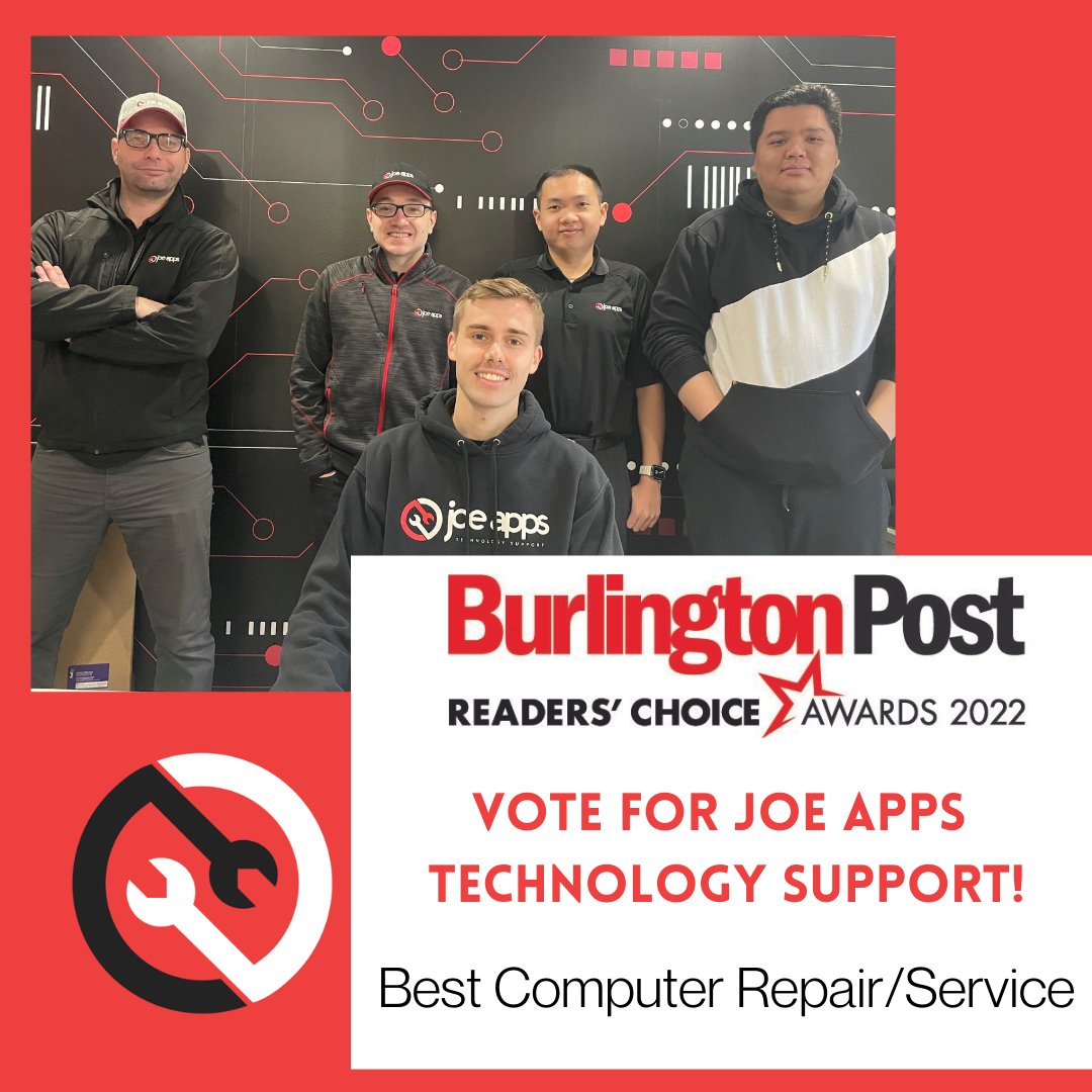 JoeAppsSupport's tweet photo. Please take a moment and vote for us as the best computer repair/service business in Burlington! Voting ends February 28th, and you can vote every day! Thank you!
•
•
•
#BurlOn #InsideHalton #CommunityAward
https://t.co/lWz28r0rQH https://t.co/LC8NTCzqFt