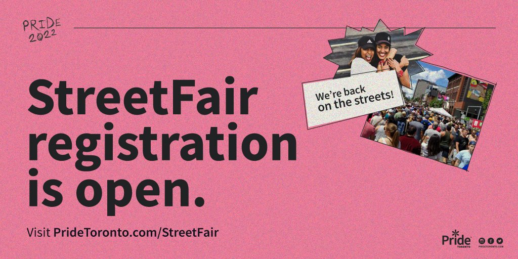 StreetFair registration is open! 📣 Pride Toronto is excited to welcome back it’s StreetFair! The StreetFair hosts a multitude of vendors, artisans and community organizations during Festival Weekend. We look forward to being together again!

Register at PrideToronto.com/StreetFair